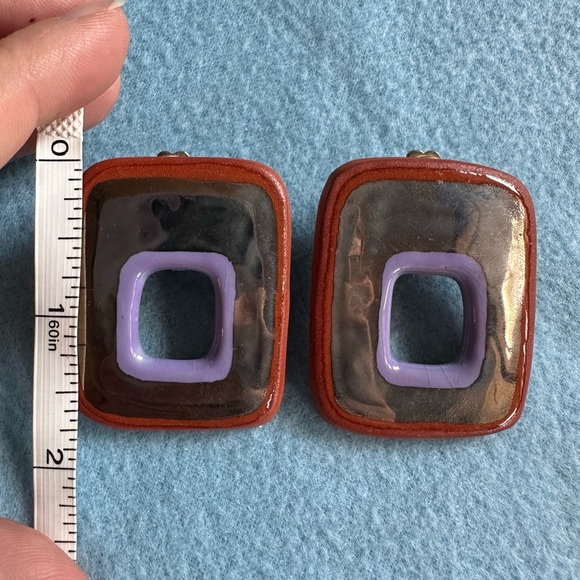 Unique One of a Kind Designer Clip on Earrings Terracotta Enamel signed: LEWIS - Picture 6 of 7